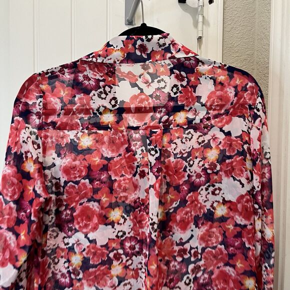 Express The Portofino Shirt Pink Floral Button Up Roll Tab Top Womens Size S - Picture 7 of 9